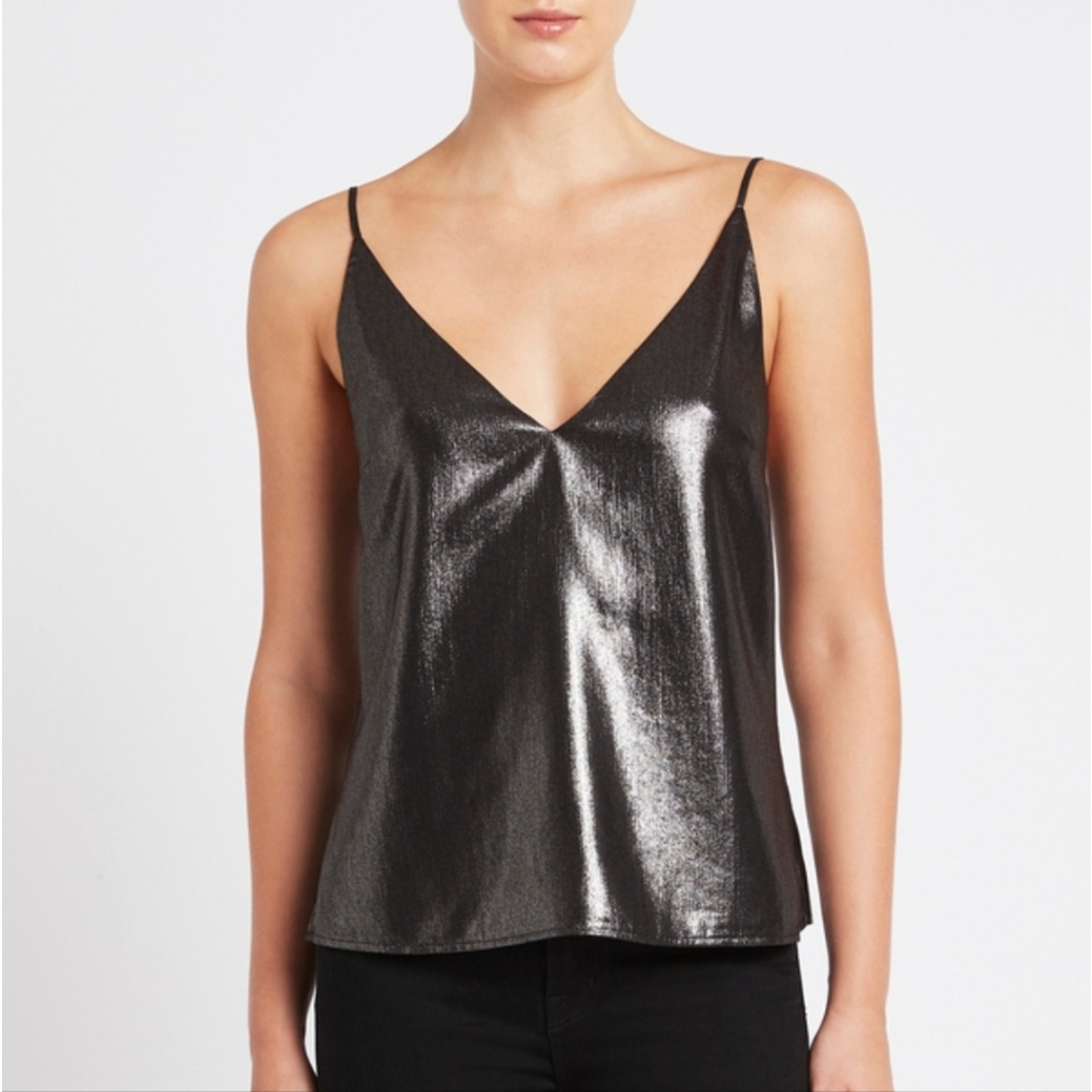 L'agence Gabriella V-Neck Metallic Silver & Black Cami Tank Top Nwt Xs Glam